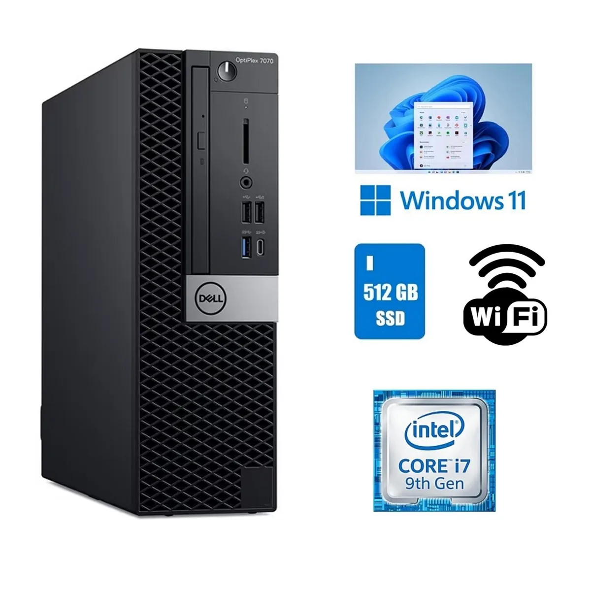 Black Dell OptiPlex 7070 small form factor desktop tower with DVD drive