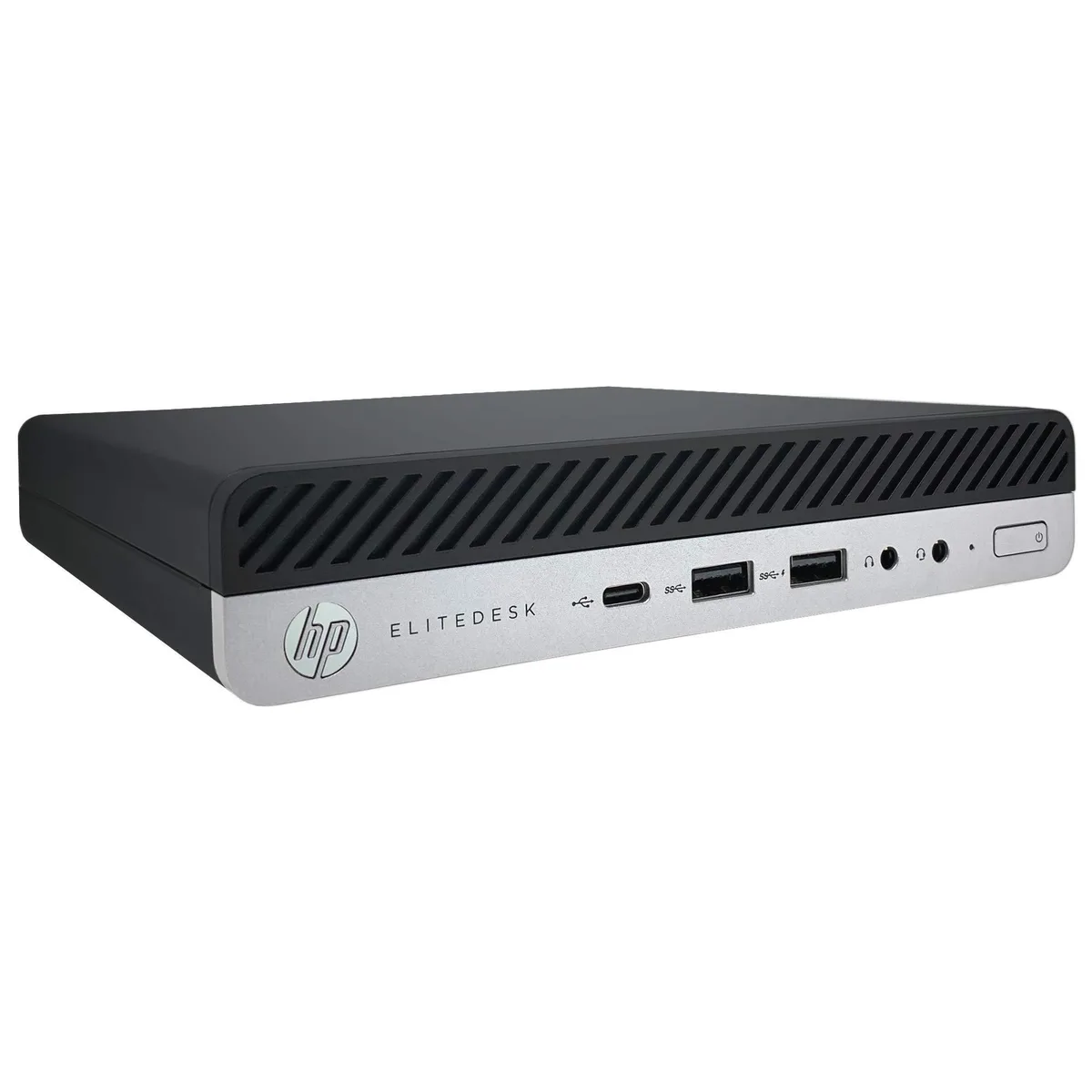 Small black rectangular Mini PC on a plain background