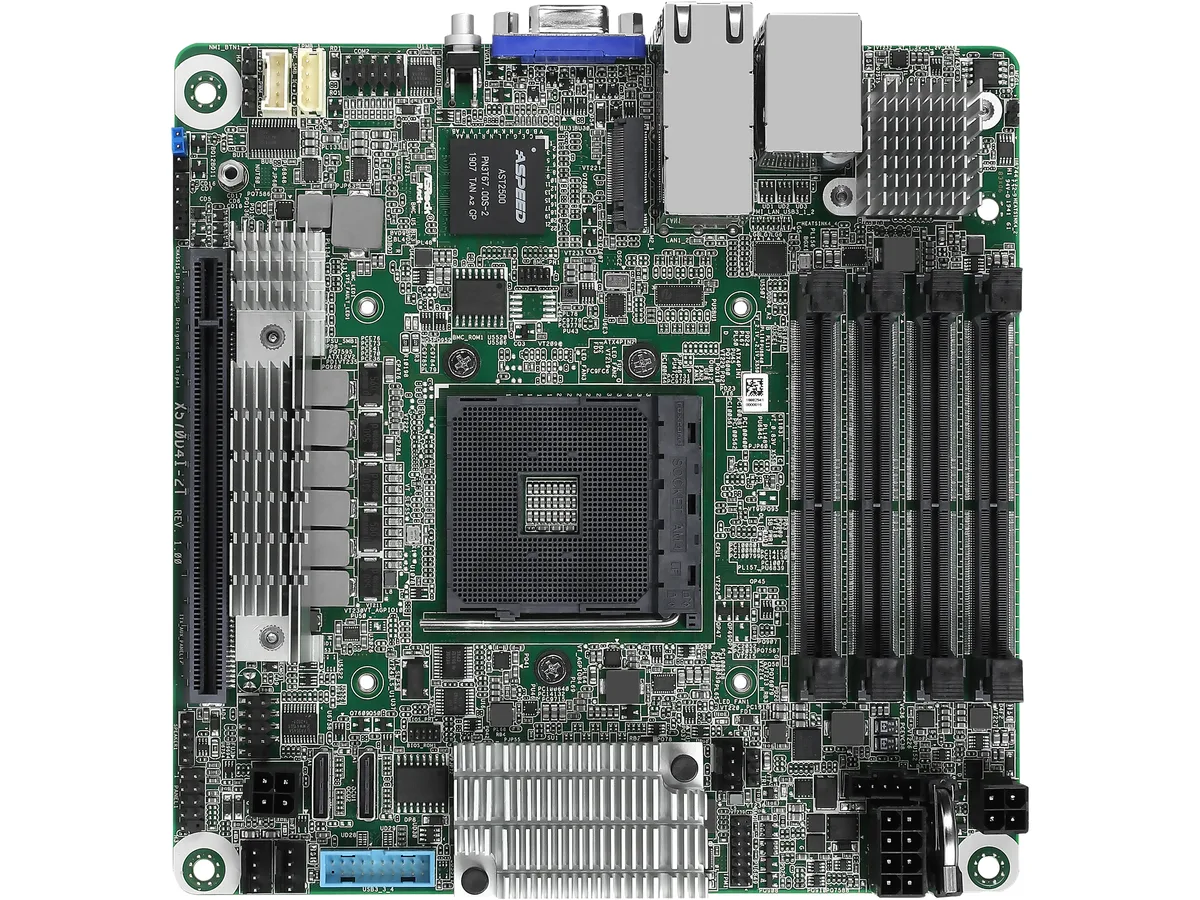 Green mini-ITX server motherboard with AM4 socket, four SO-DIMM slots, dual 10GbE ports and IPMI LAN