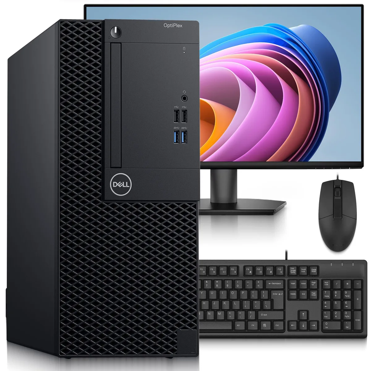 Dell OptiPlex 3070 mini-tower desktop with 24-inch LED monitor, keyboard and mouse