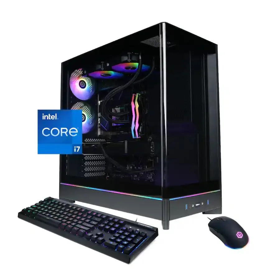 Black tower gaming desktop with RGB-lit memory visible through side panel
