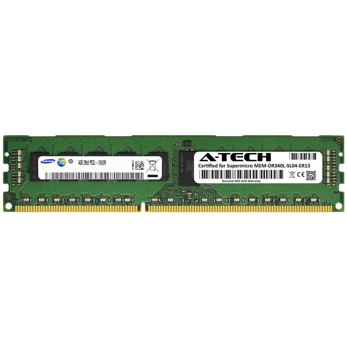 Green 240-pin DDR3L RDIMM module with black Samsung chips and gold contacts