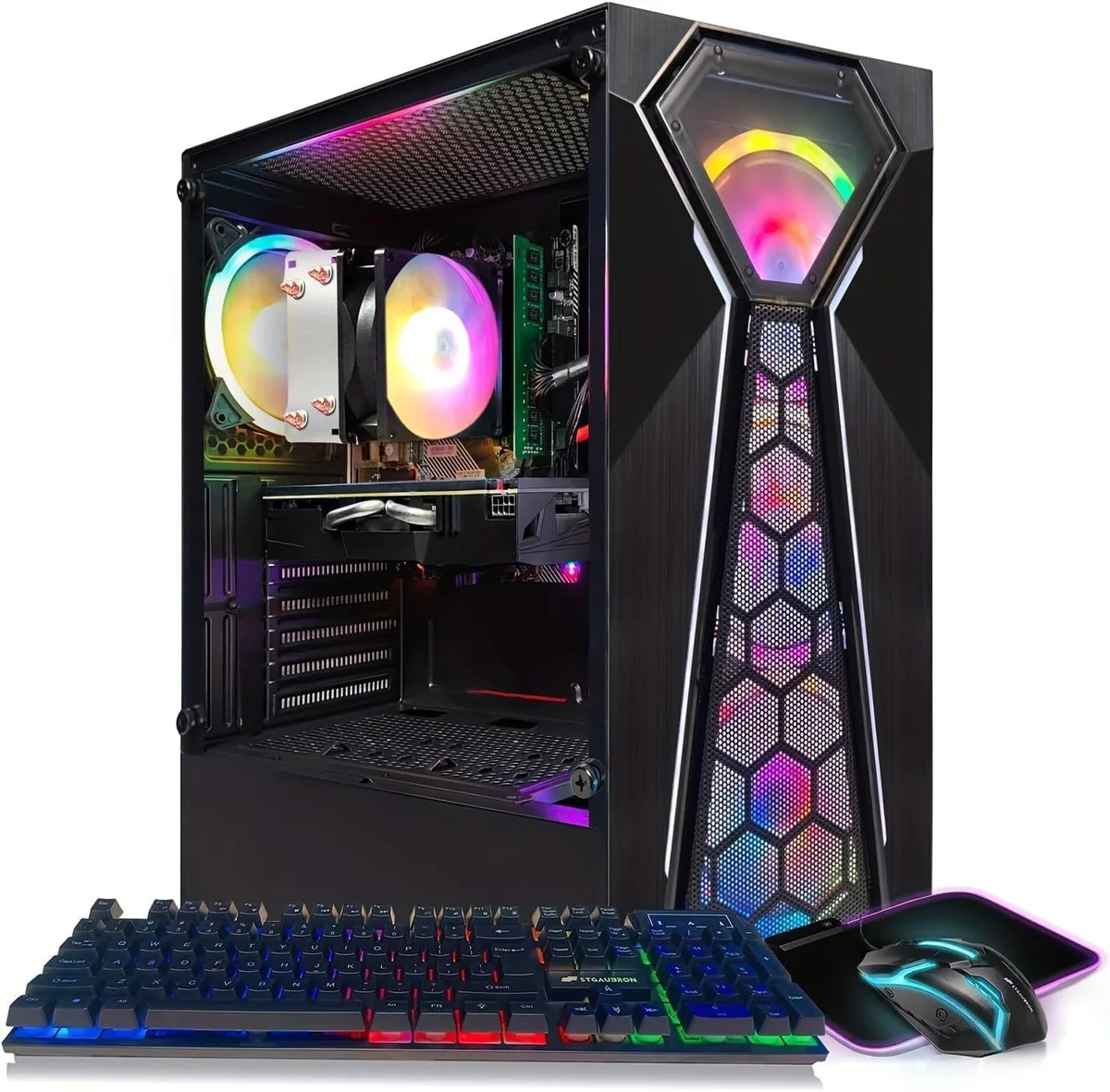 Black tower gaming desktop with four RGB fans visible through side panel