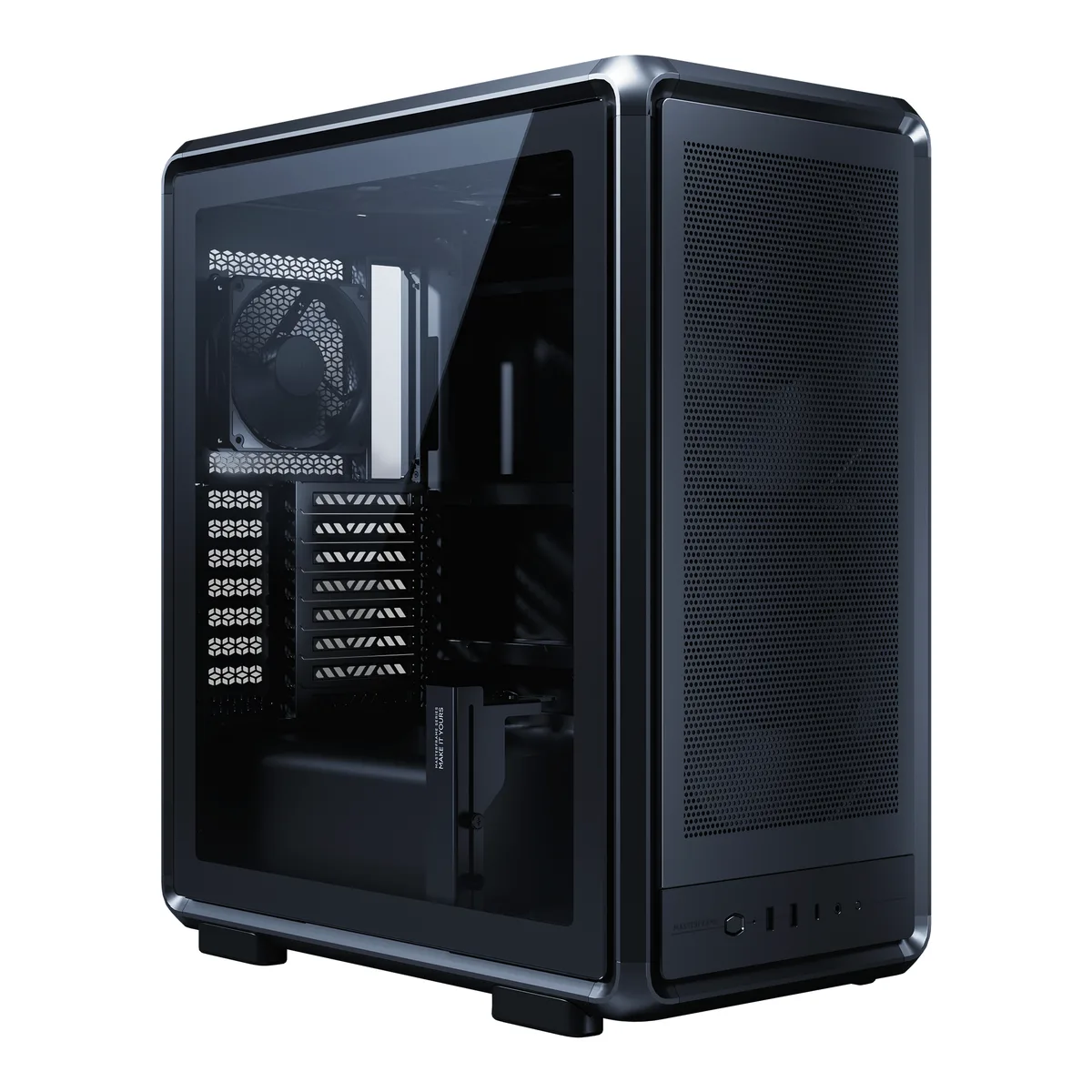 Black open-frame mid-tower case with aluminum exo-structure and dual 200mm front fans
