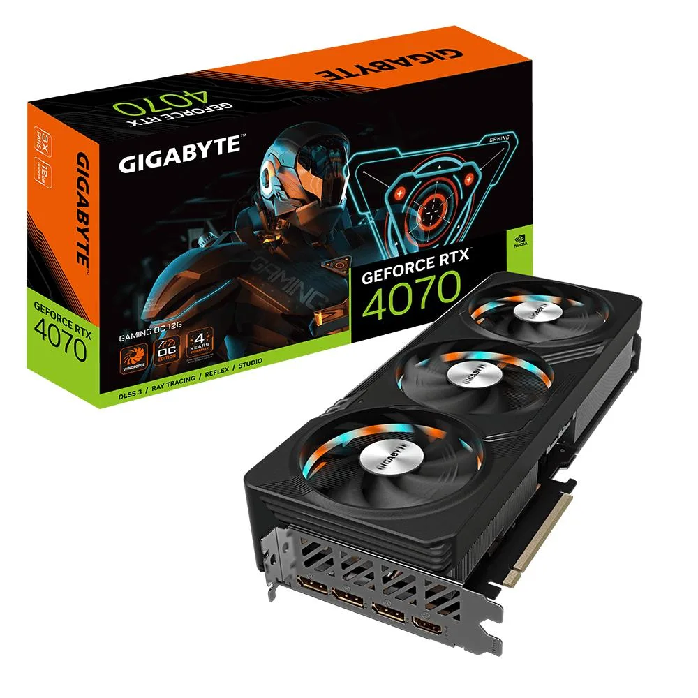 Full-length triple-fan graphics card, dark metal shroud with silver accents, illuminated RGB strip, sturdy backplate