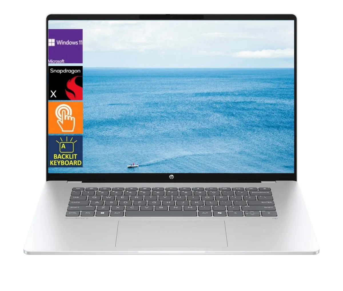Silver 16-inch OLED touchscreen laptop with backlit keyboard