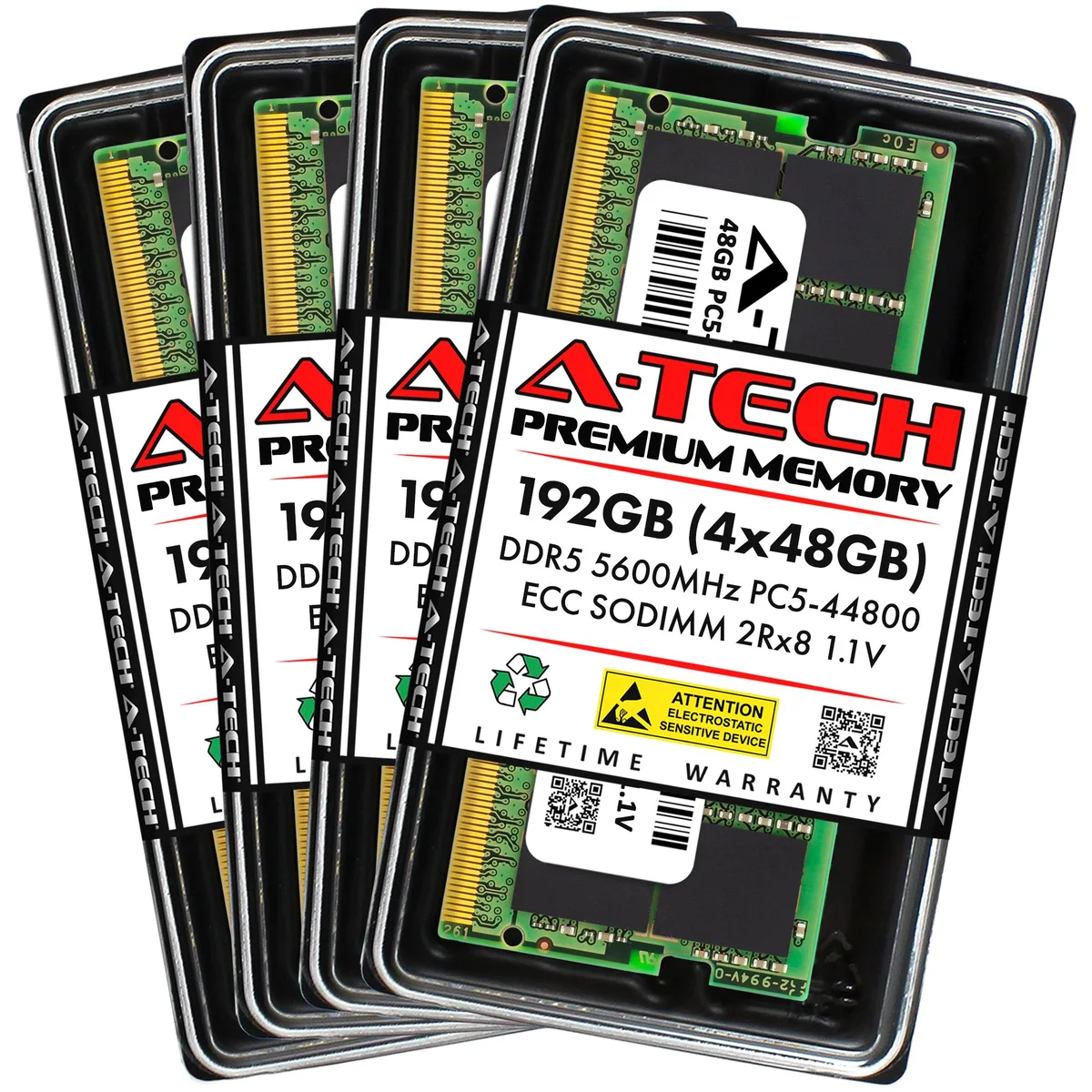 Four green DDR5 SODIMM sticks, 262-pin, no heat spreader