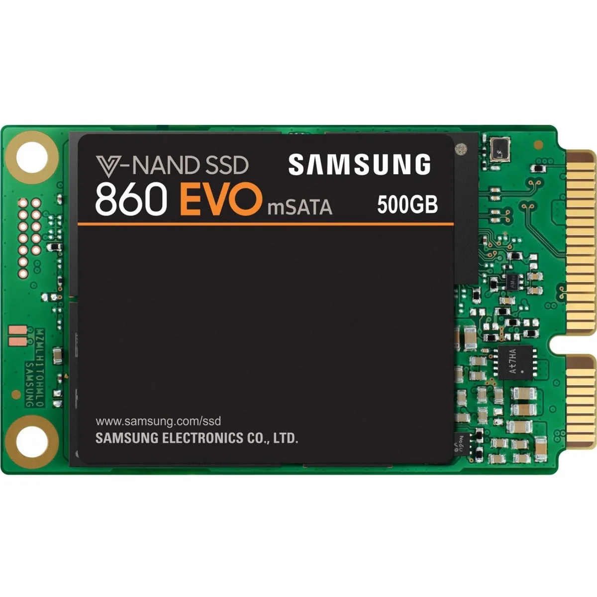 Green rectangular mSATA circuit board with gold edge connector and black label showing Samsung 860 EVO 500GB