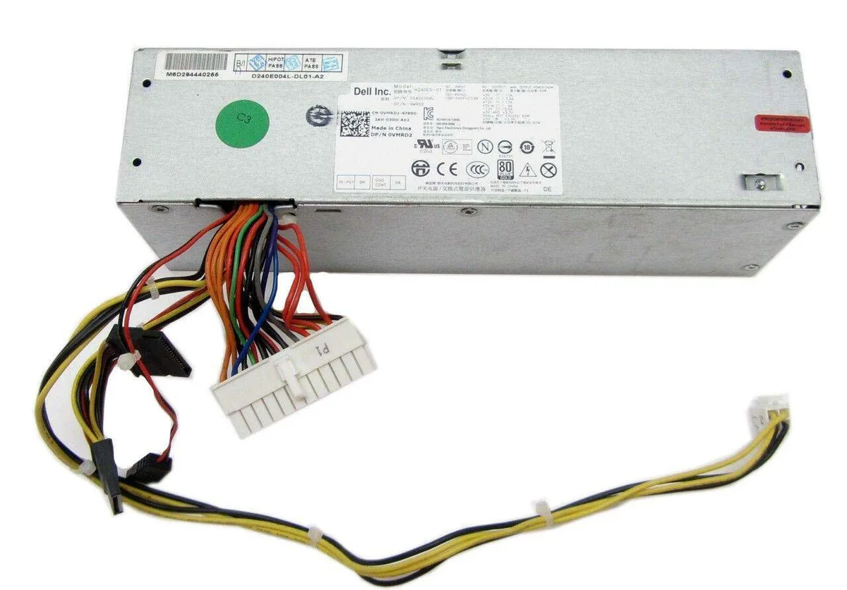 Rectangular metal SFF power supply unit with single fan and multiple cable connectors