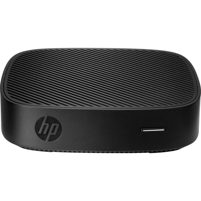 Small silver desktop tower with HP branding and front ports