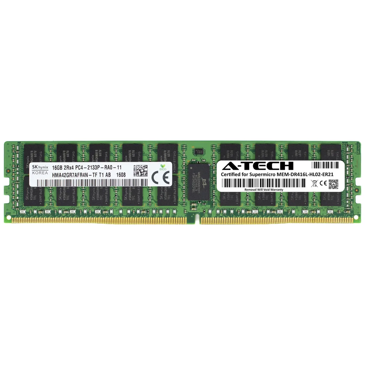 Green rectangular DDR4 RDIMM module with black chips and gold edge connectors