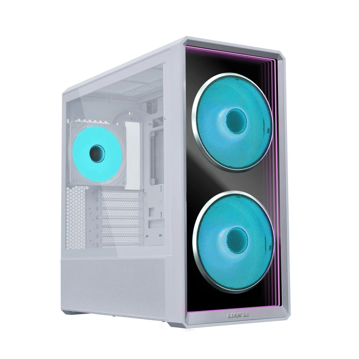 White mid-tower case with tempered glass infinity mirror front panel and three ARGB fans