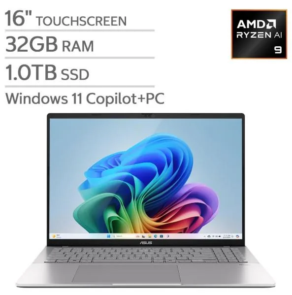 Silver 16-inch touchscreen laptop with ultra-slim profile