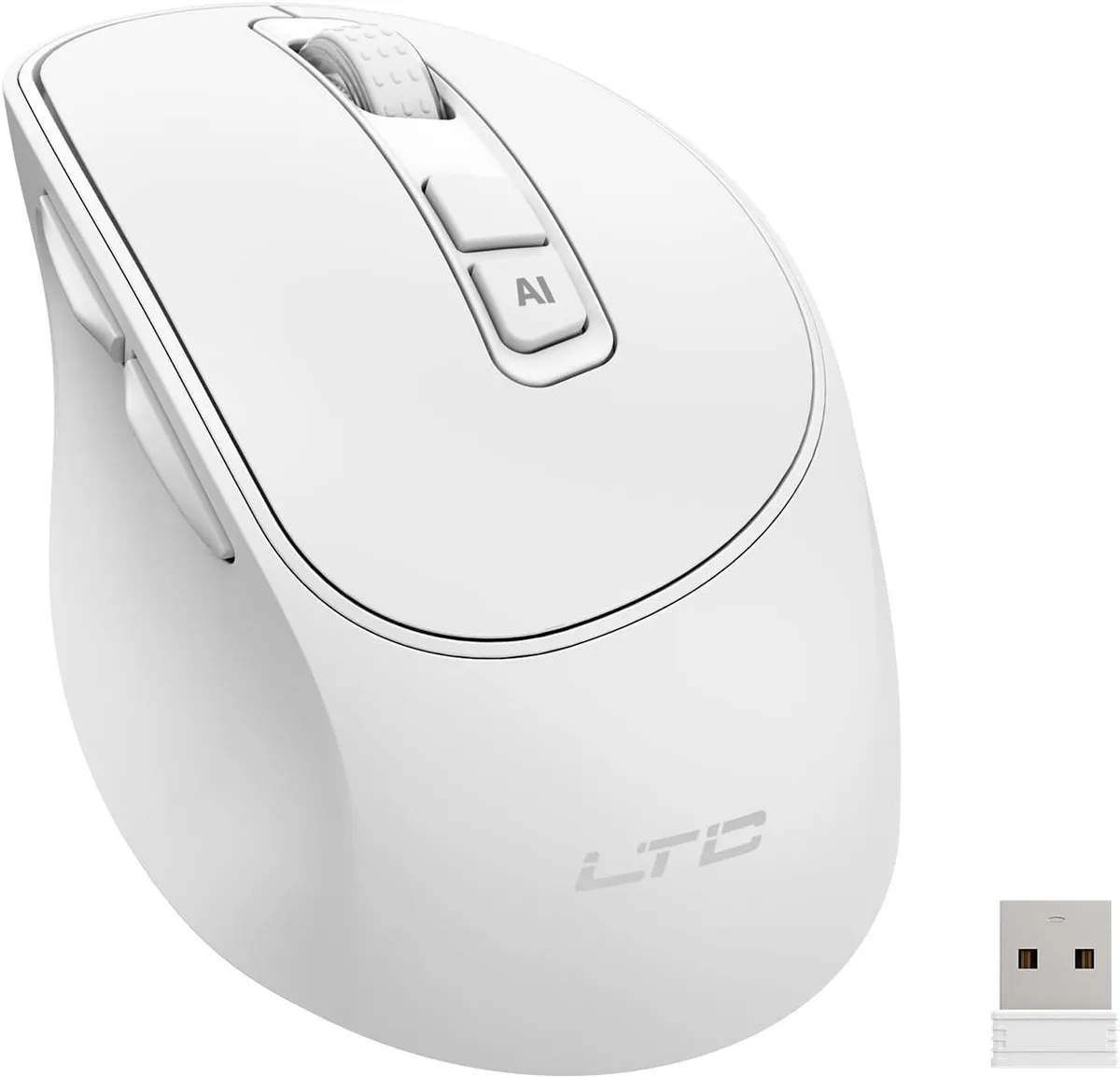 White ergonomic wireless mouse with rechargeable battery and quiet clicks