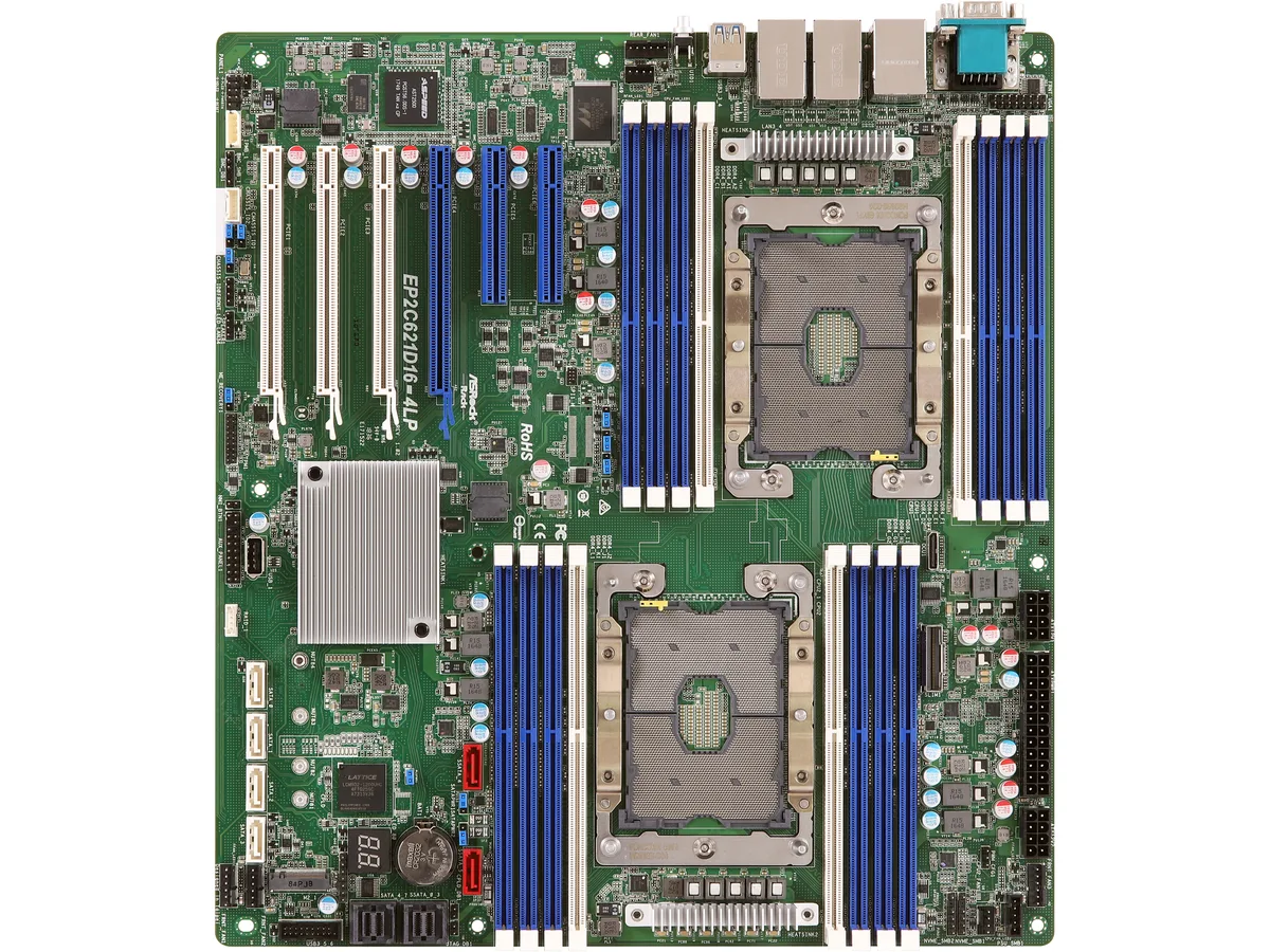 Green rectangular EEB server motherboard with dual LGA 3647 sockets, sixteen DDR4 slots, four PCIe x16 slots