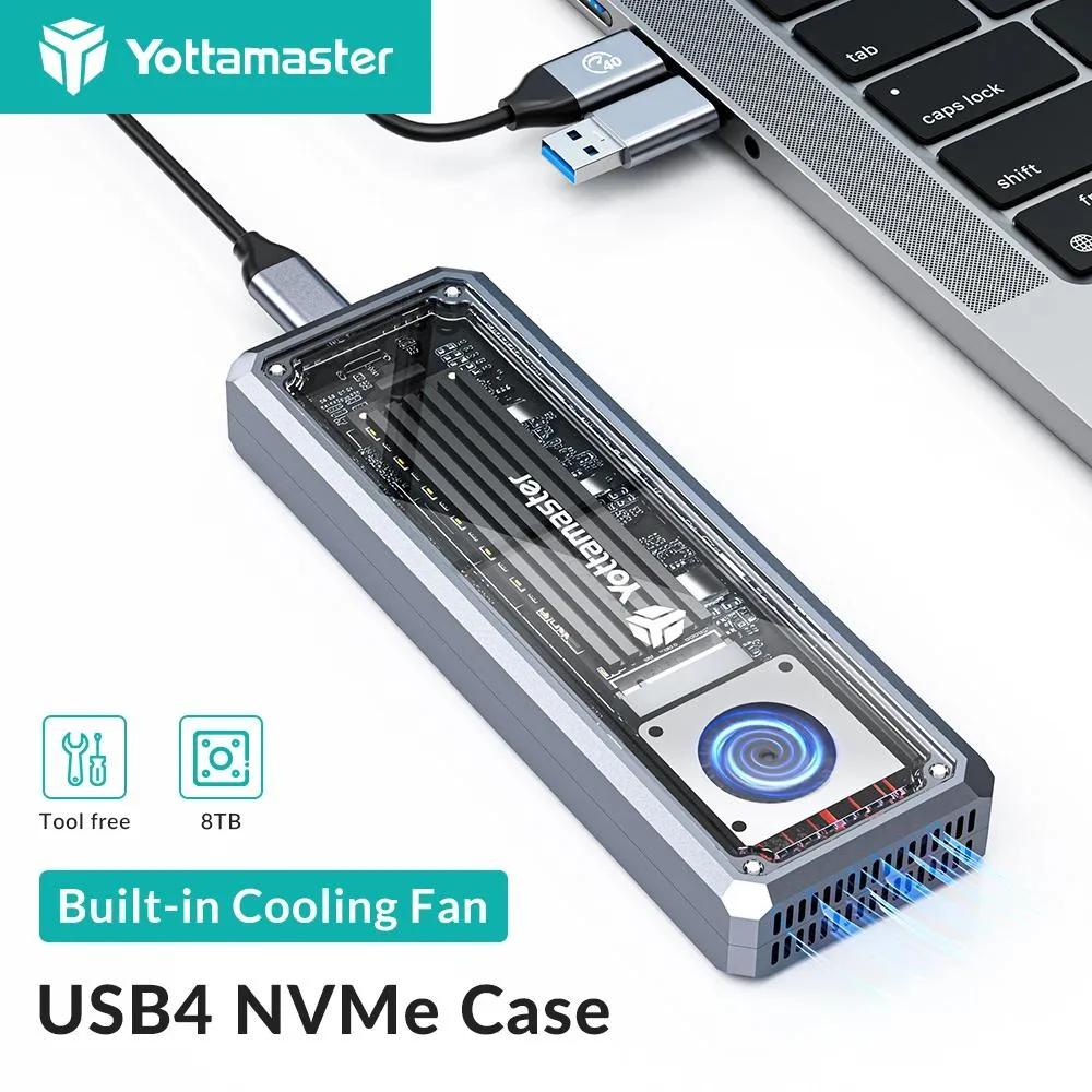 Gray aluminum M.2 NVMe enclosure with visible cooling fan and vents