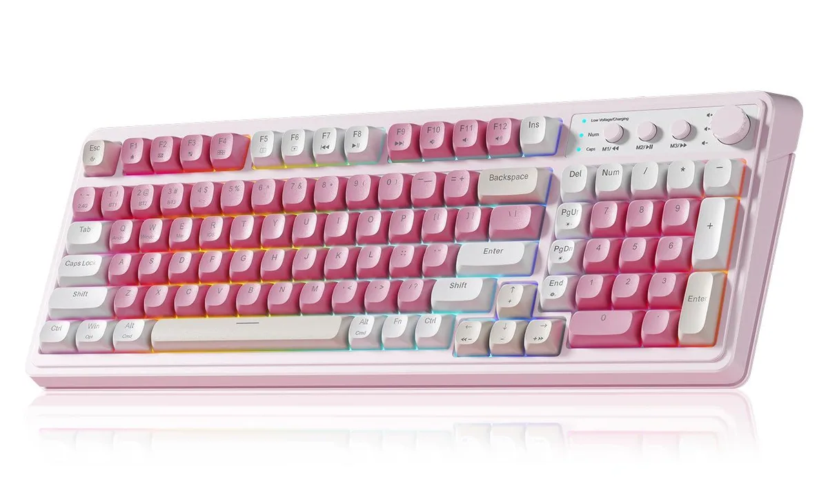 Pink 99-key wireless gaming keyboard with rotary knob, RGB backlight and tri-mode connectivity