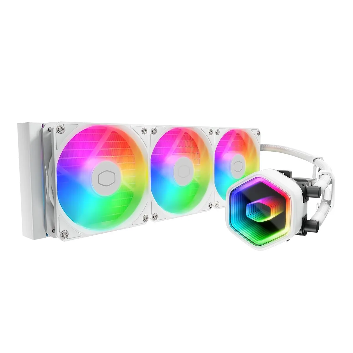 White 360 mm AIO with three 120 mm ARGB fans and infinity mirror pump cover