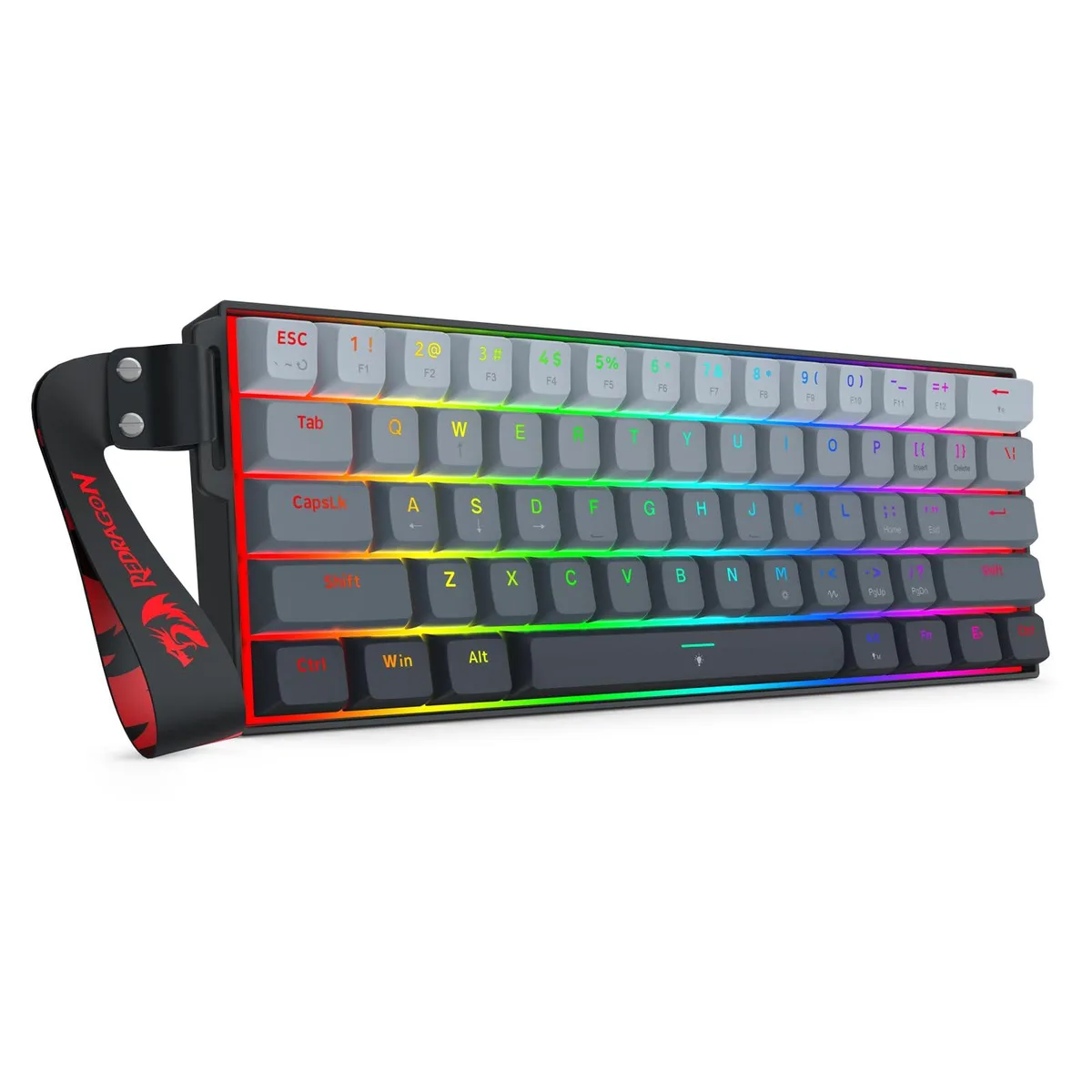 Compact 61-key wired keyboard in gradient PBT keycaps with coiled strap, black plastic case, RGB backlighting visible on key legends