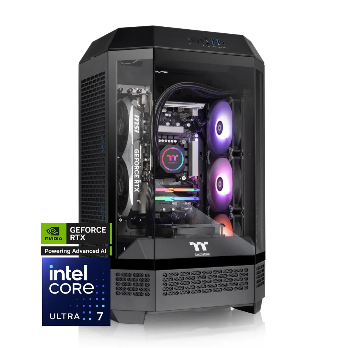 Black mid-tower gaming PC with ARGB liquid cooling visible through glass side panel