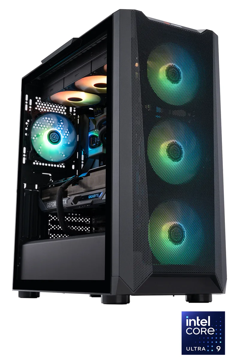Black mid-tower desktop case with RGB lighting visible inside