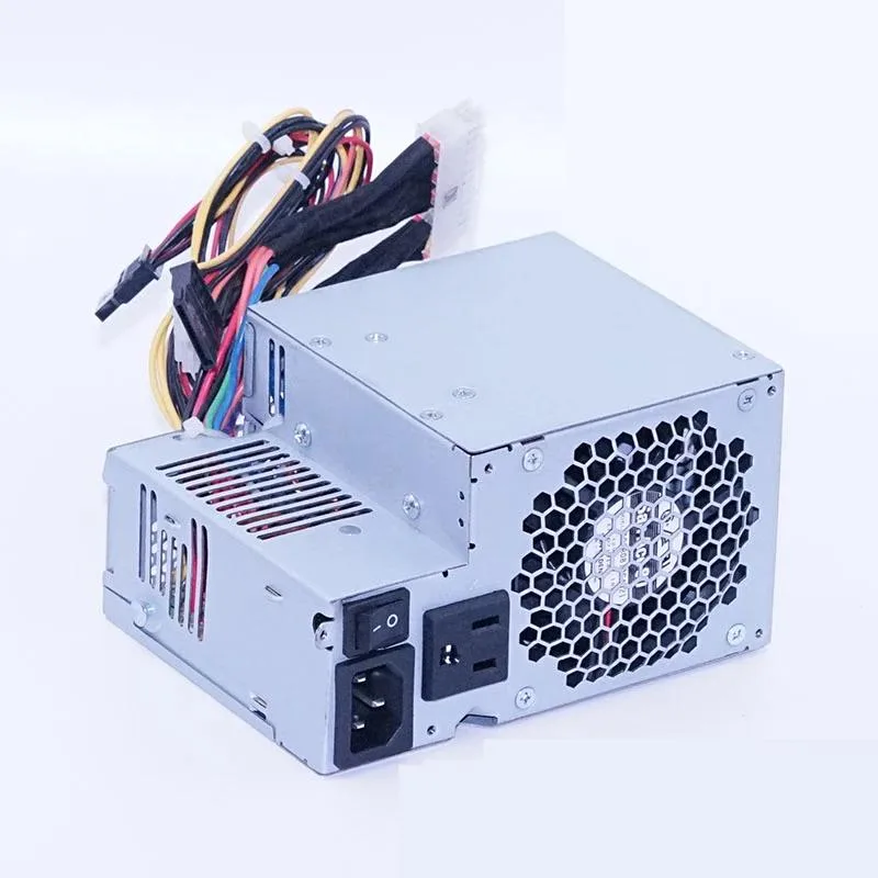 Rectangular ATX power supply unit with matte black metal casing and rear fan grille