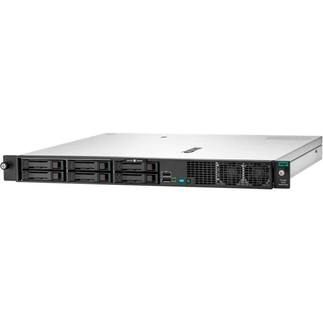 Silver 1U rack server front with four drive bays