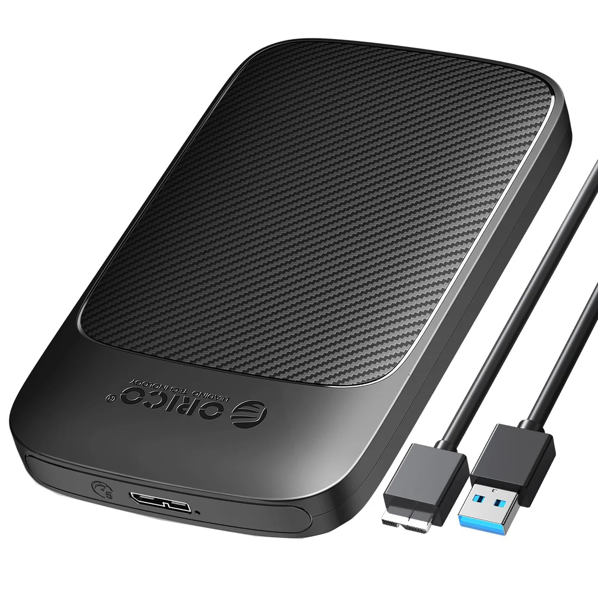 Black plastic 2.5 inch SATA drive enclosure with USB 3.0 cable