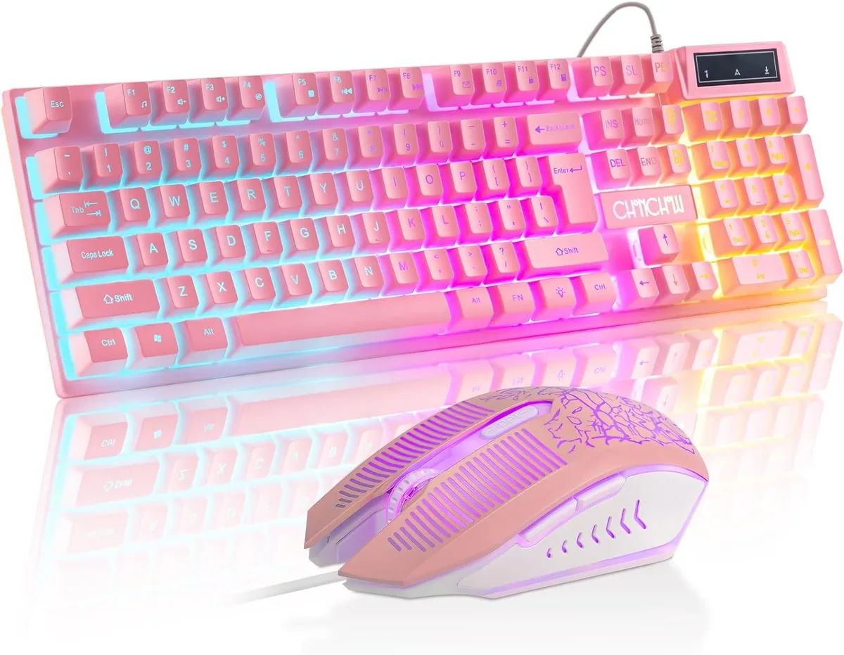 Pink full-size keyboard and matching wired mouse with RGB lighting