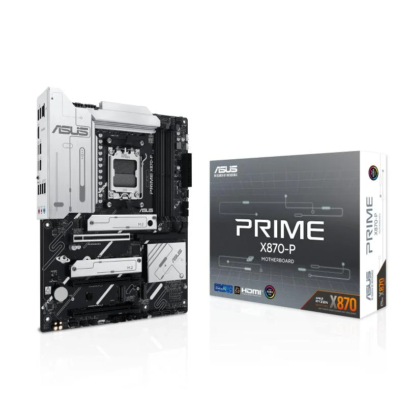 ASUS PRIME X870-P ATX motherboard with silver heatsinks and black PCB