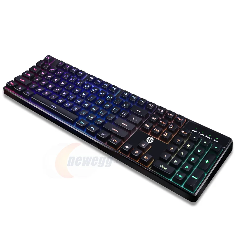 Black HP K300 wired gaming keyboard with 104 keys and 7-color backlighting