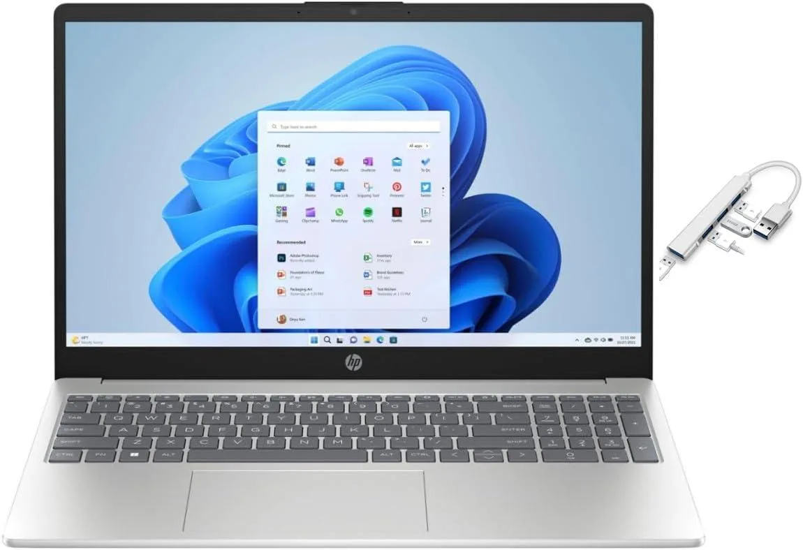 Silver 15.6-inch laptop with a smooth matte finish and thin bezels