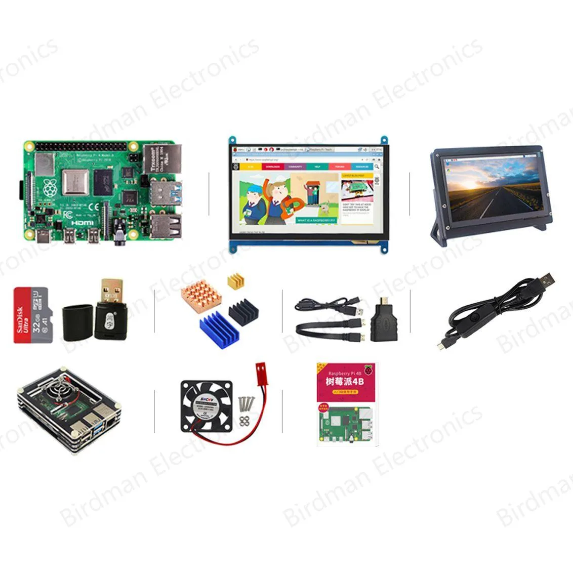 Raspberry Pi Raspberry Pi 4B 1 GB barebone mini PC with 7 inch touchscreen, 32 GB card, acrylic case — produktfoto