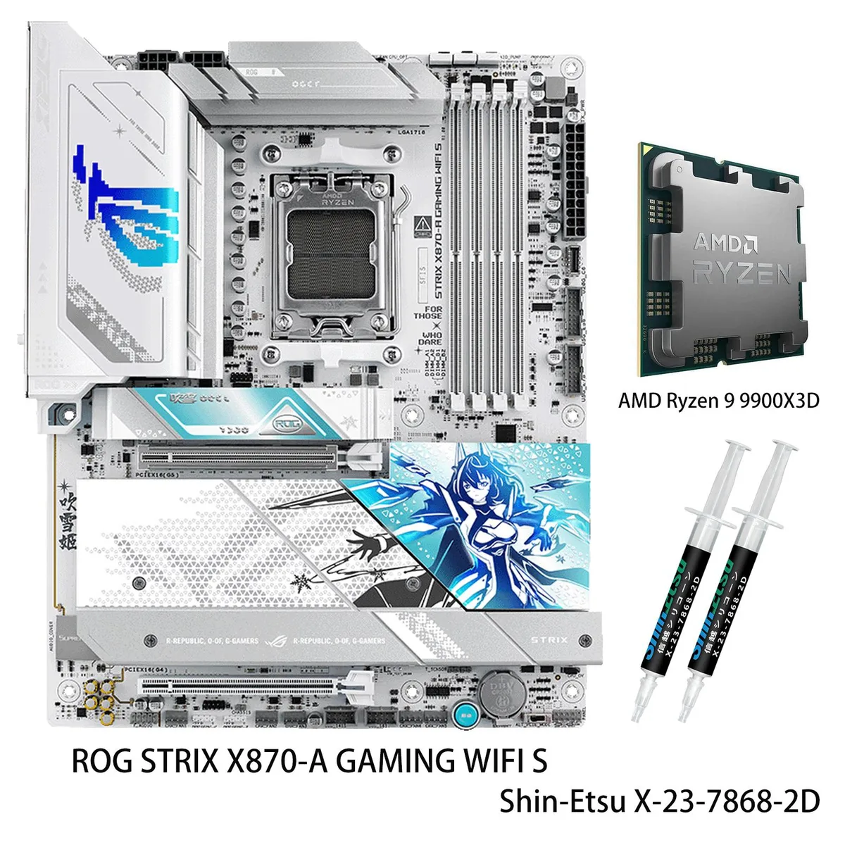 ATX motherboard with silver heatsinks and a boxed Ryzen 9 9900X3D CPU