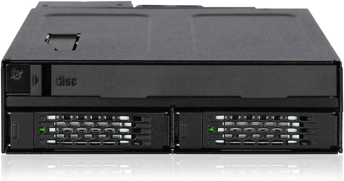 Black metal rack enclosure with two 2.5 drive trays and a slim optical bay, front fan grille visible