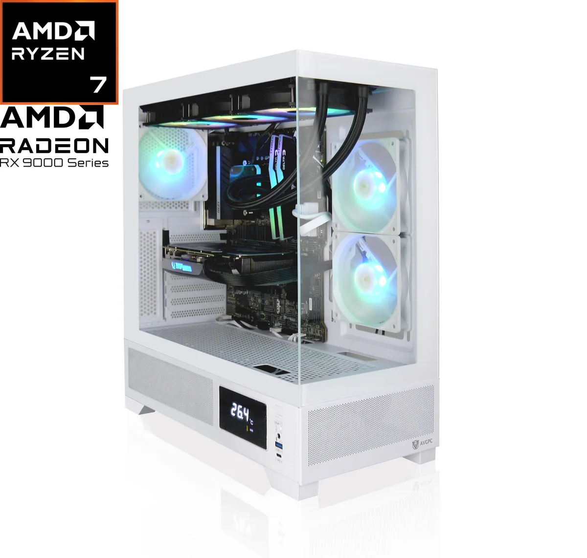 White mid-tower gaming PC with tempered glass side panel and 360mm liquid cooler visible inside