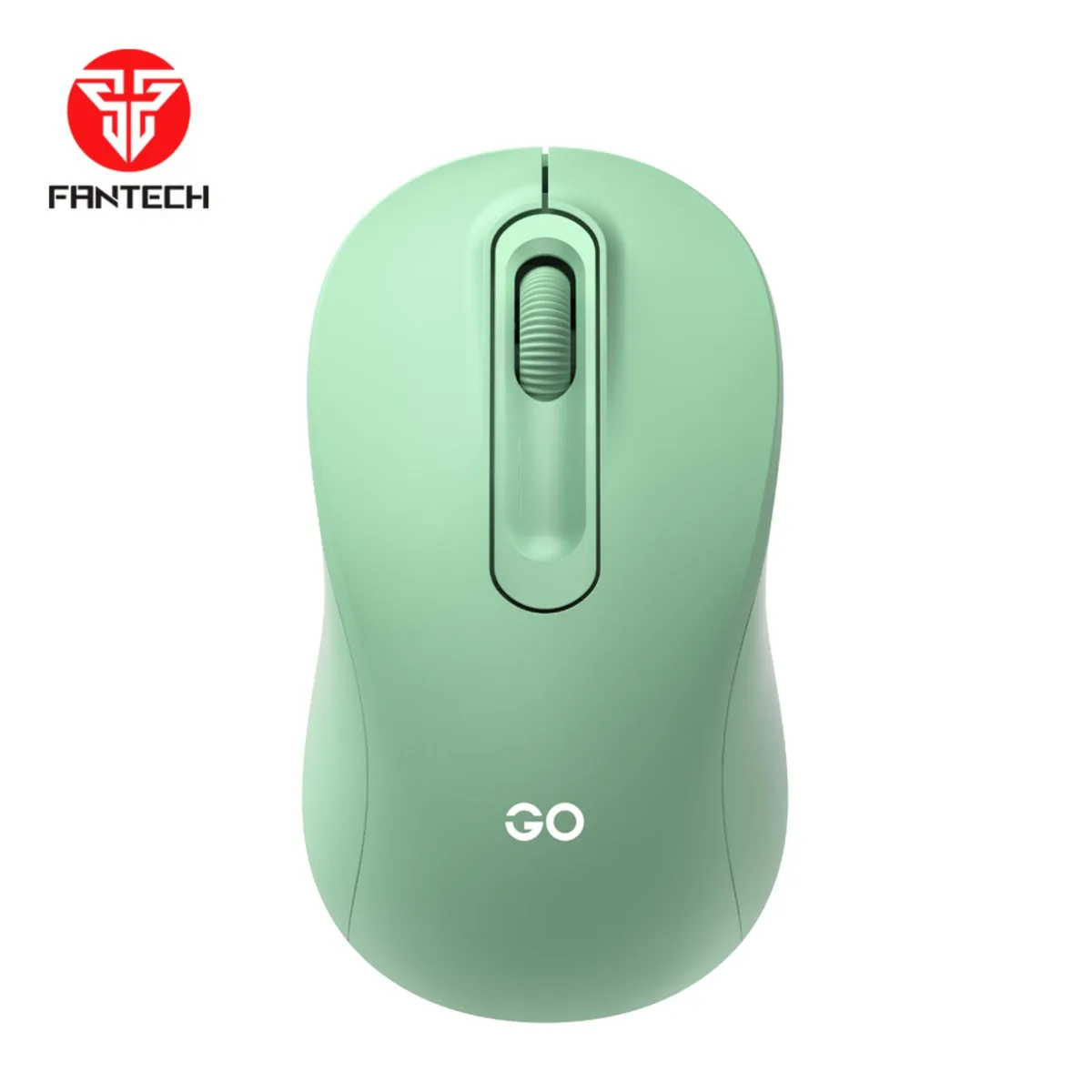 Green wireless gaming mouse with symmetrical shape, textured sides and USB receiver visible