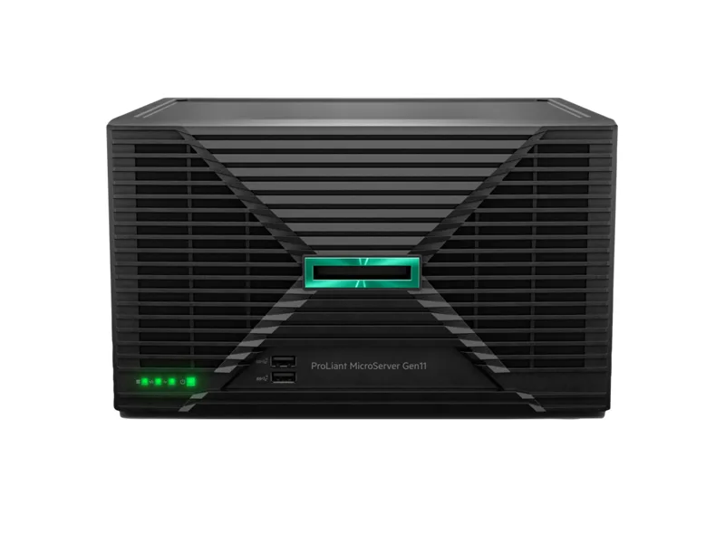 Compact cube server in silver metal, front drive bays visible