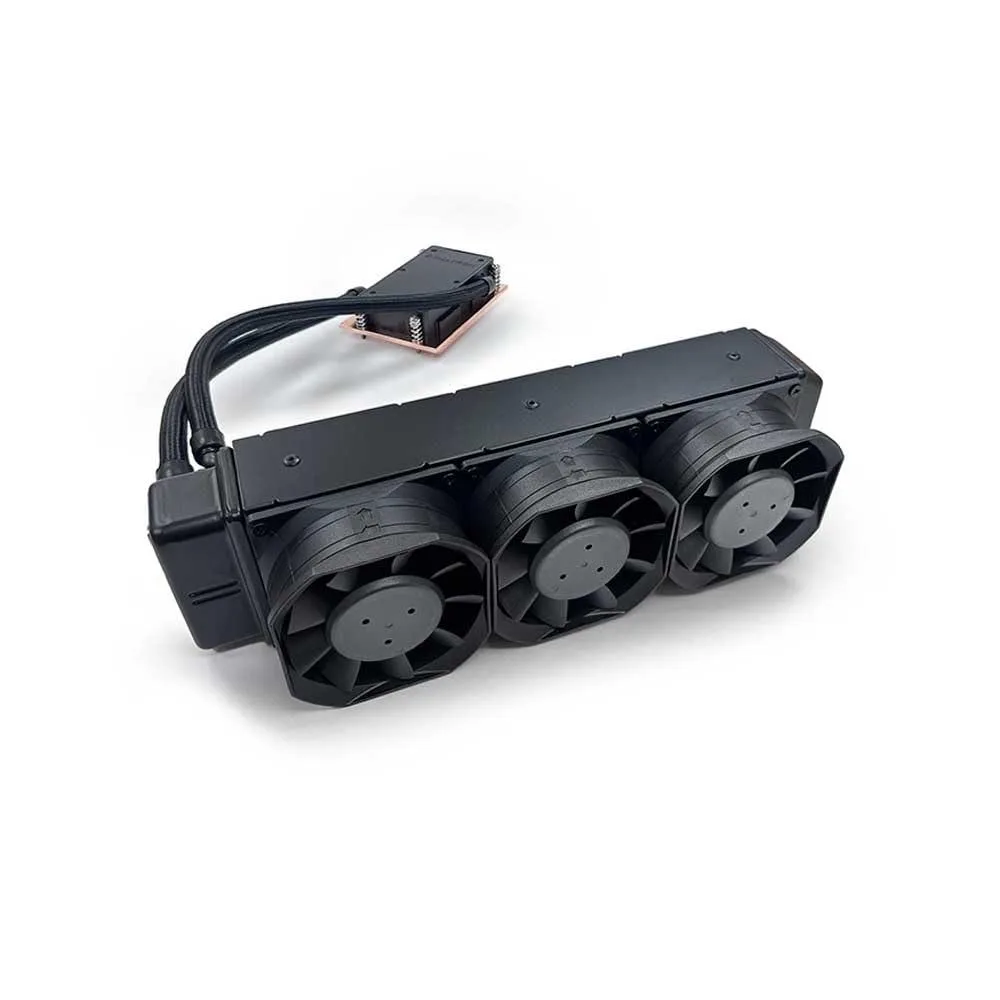 Black rectangular all-in-one liquid cooler with tubing and 4-pin fan, 2U server form factor
