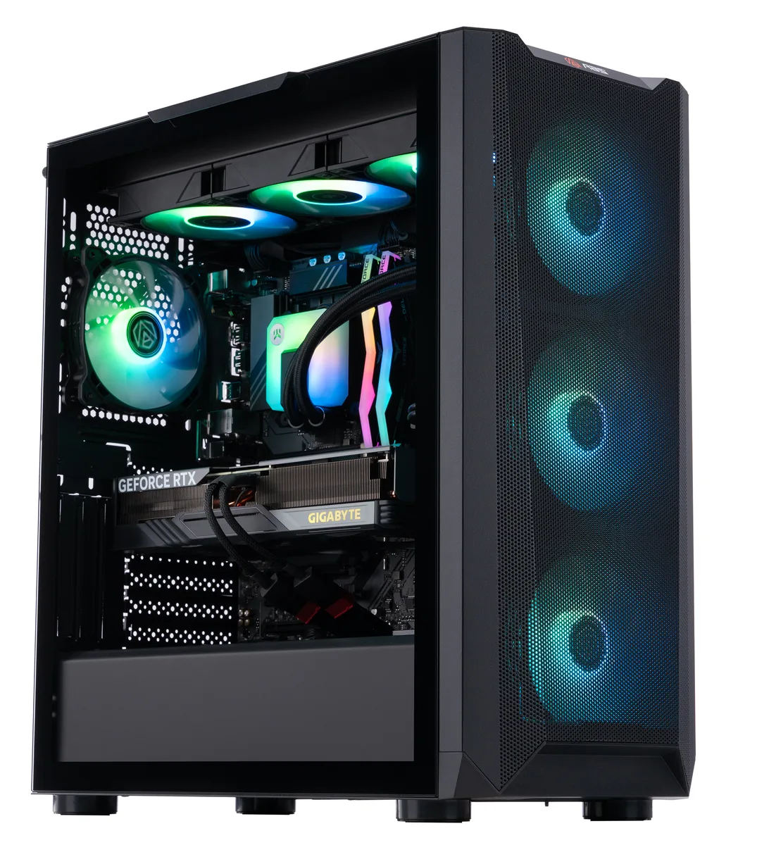 Black ATX gaming tower with RGB liquid cooler and graphics card visible through side panel