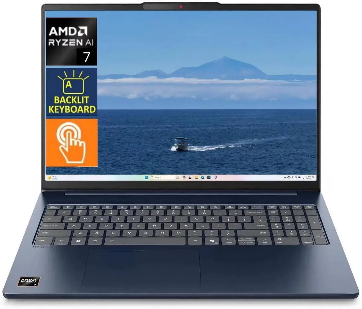 Cosmic Blue 16 inch touchscreen laptop with white backlit keyboard