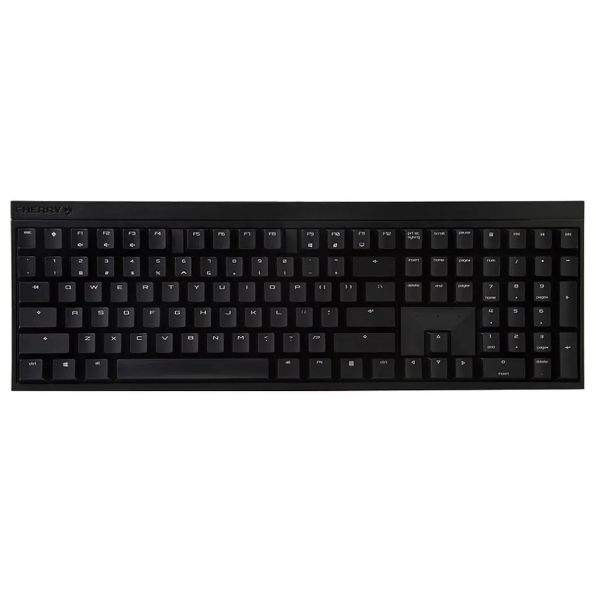 Black full-size mechanical keyboard with red switches, no backlighting, detachable cable and wireless receiver