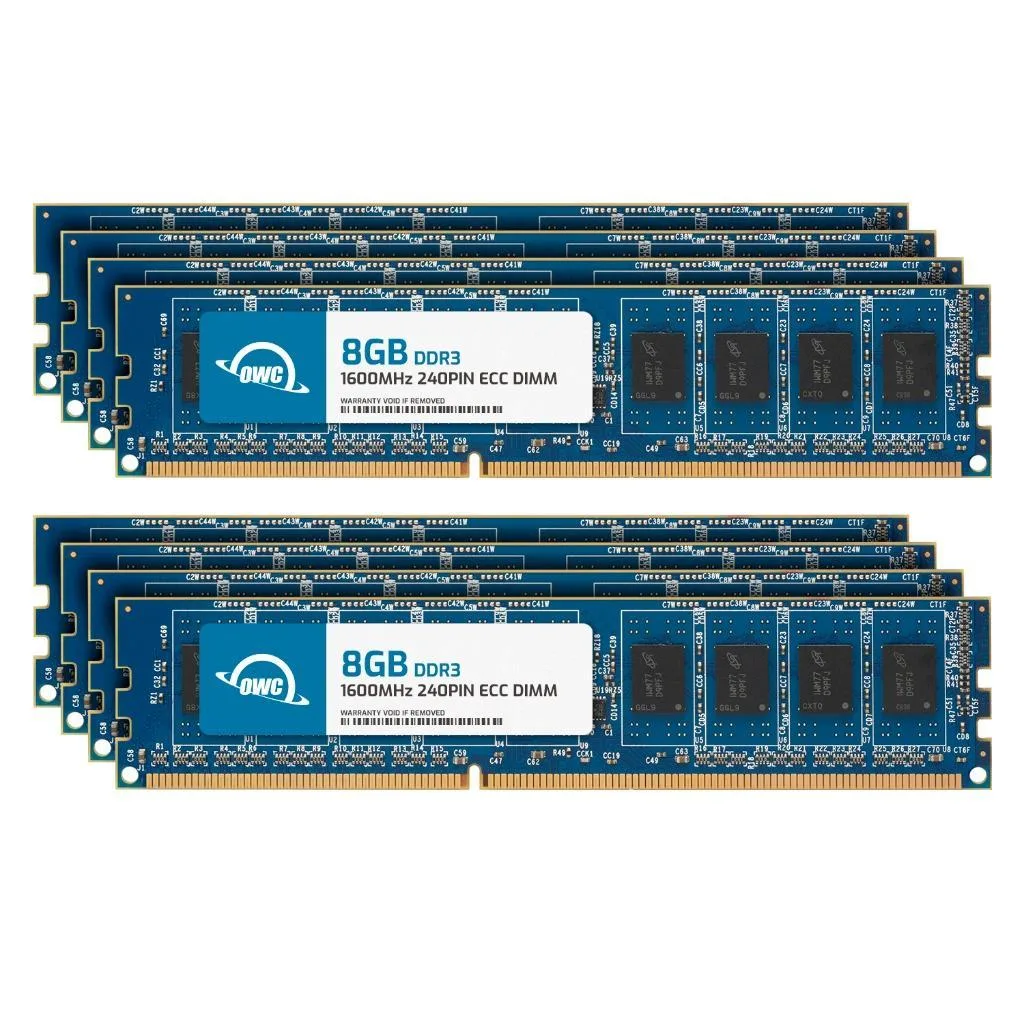 Eight black DDR3 DIMMs with gold contacts, no heat spreaders