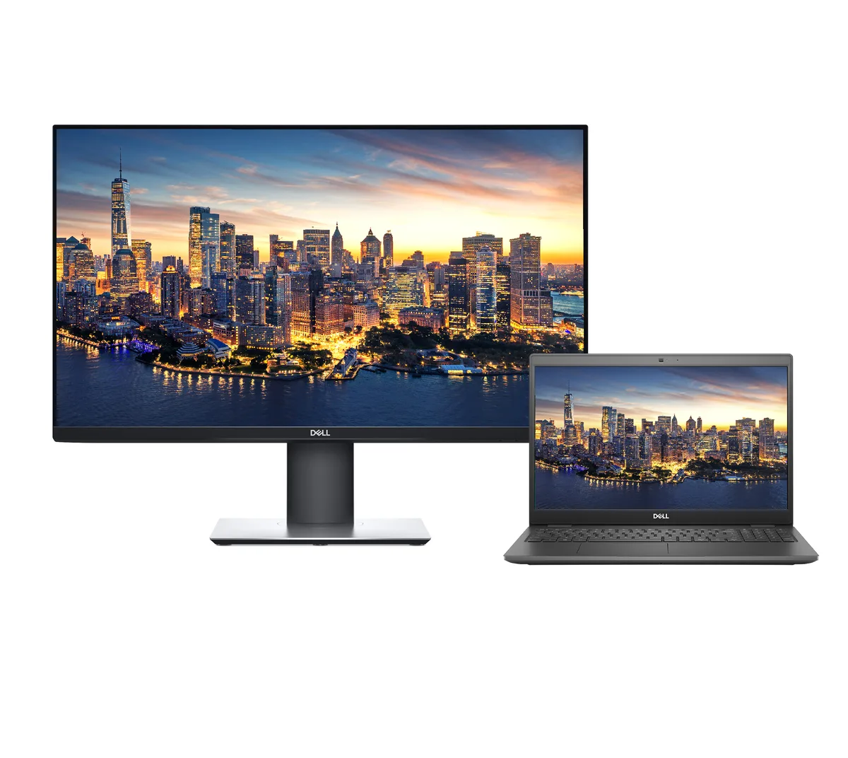 Black Dell Latitude 3510 laptop and 27 inch P2719H monitor side by side
