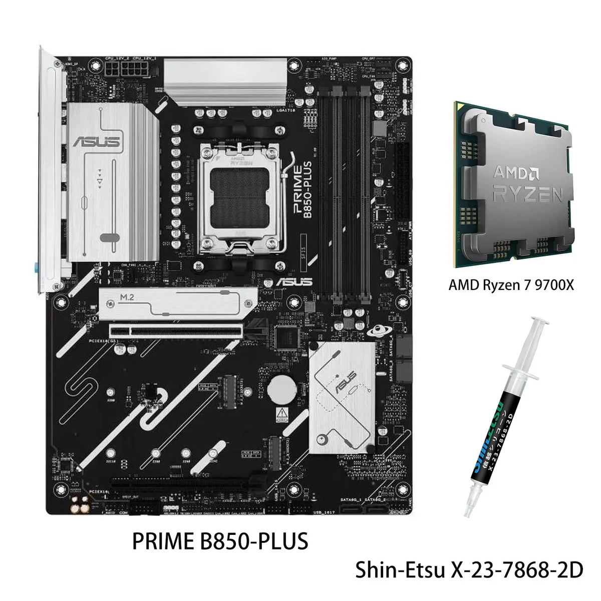 ASUS PRIME B850-PLUS ATX motherboard with Ryzen 7 9700X CPU installed, silver heatsinks and black PCB