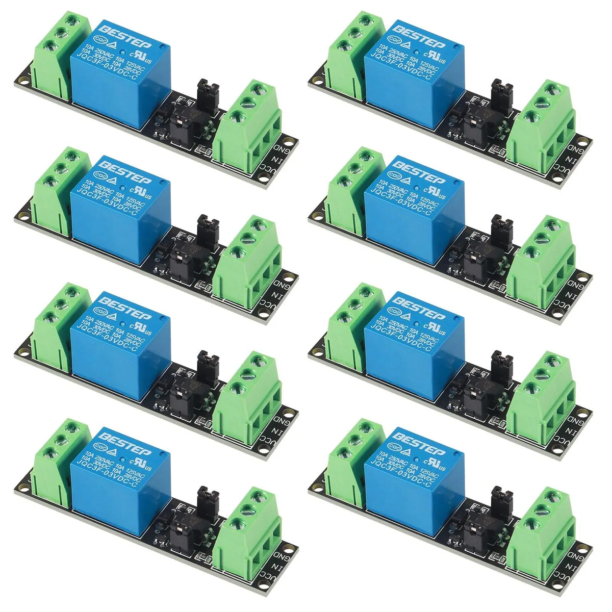Eight small green circuit boards each with a blue relay cube and terminal blocks