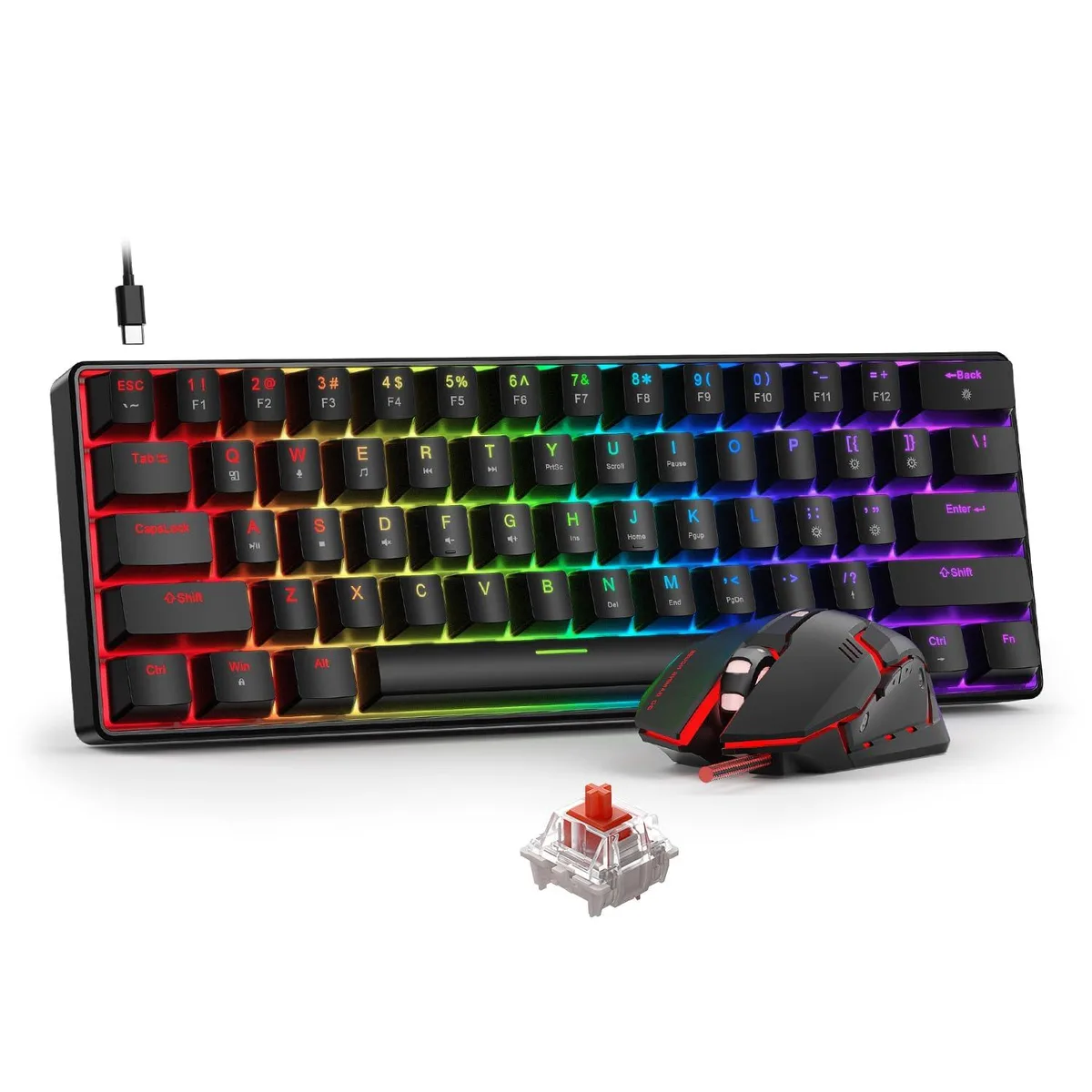 Black 60 percent mechanical keyboard with red switches and matching wired mouse, both with RGB lighting