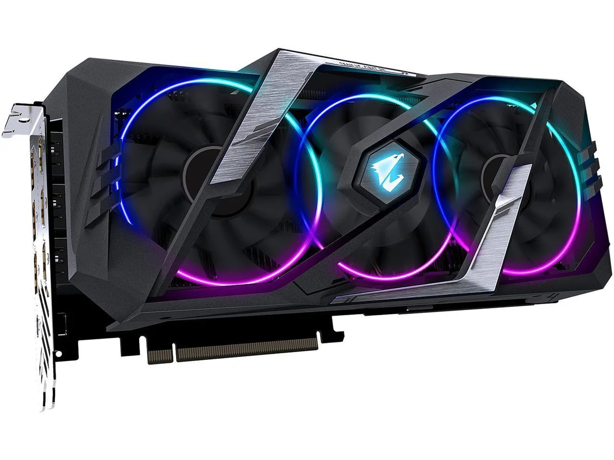 A full-length triple-slot graphics card in silver and black with three 100mm fans and a metal backplate