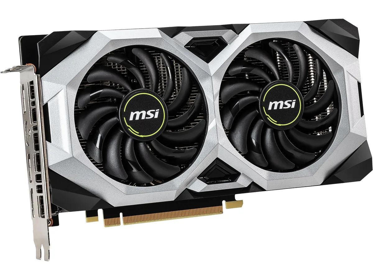 Dual-fan graphics card with silver shroud and black backplate