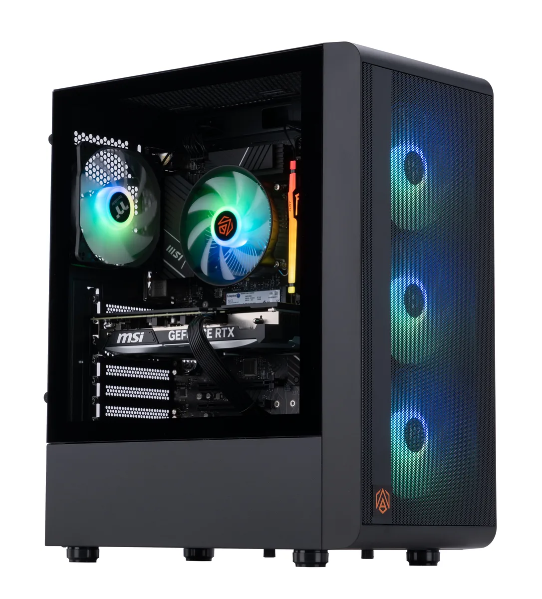 Black mid-tower gaming PC with RGB-lit interior visible through glass side panel